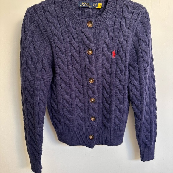 Ralph Lauren Women's Navy Blue Cable Knit Cardigan Sweater - Picture 2 of 8